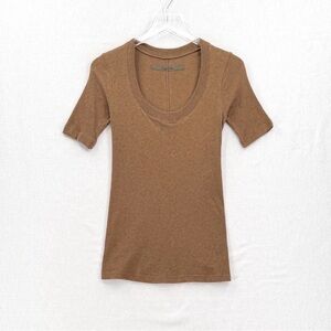 ENZA COSTA Cashmere Short Sleeve Horseshoe Top Womens Medium Brown Scoop Tee